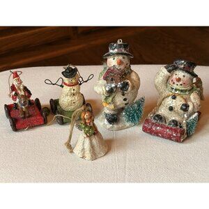 Lot of 5 Vintage Style Christmas Ornaments Cottagecore Folk Art Glitter